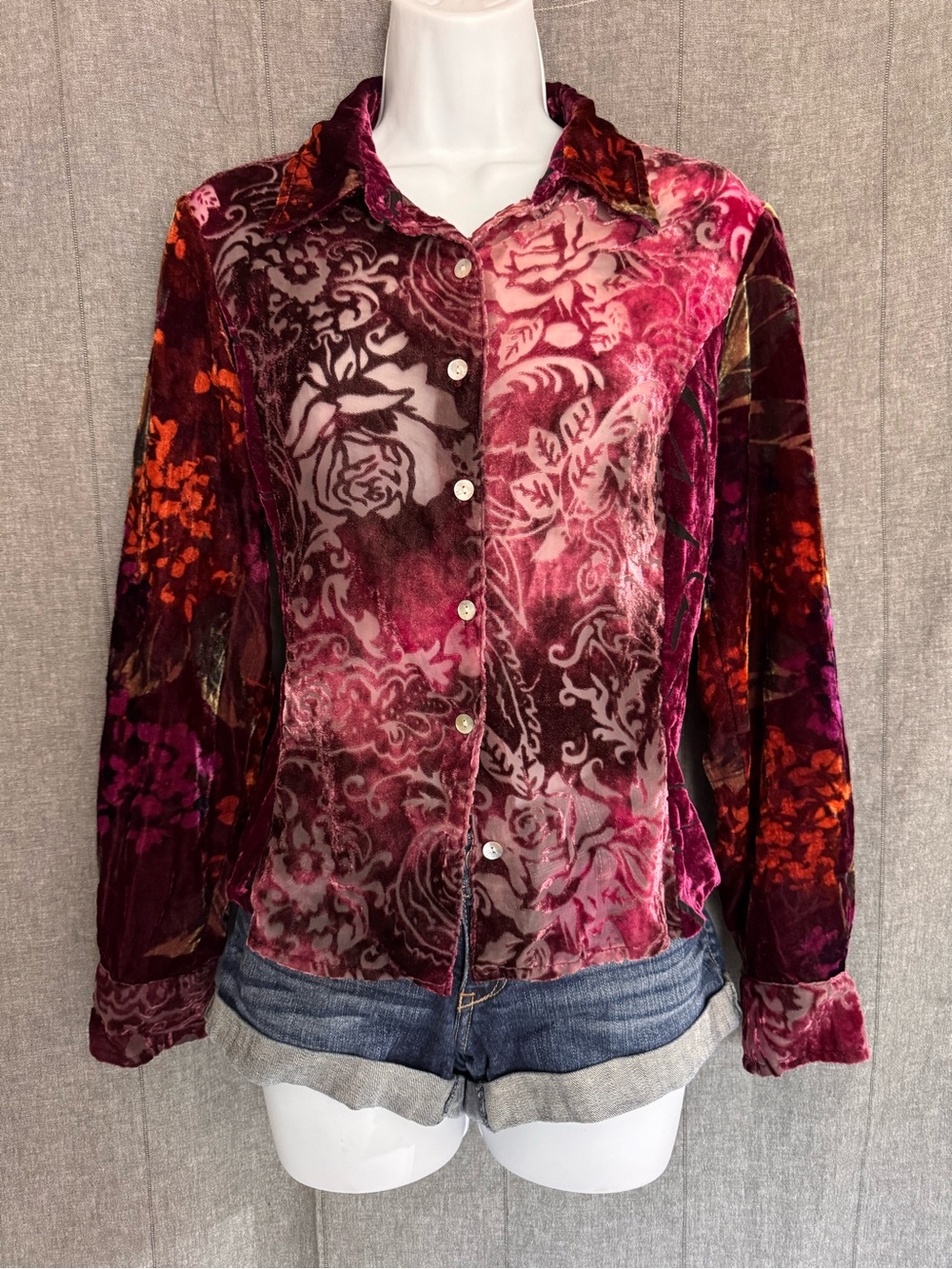Vtg Y2K Coldwater Creek Velvet Burnout Sheer Top Rose Paisley Retro MOTO Goth PS